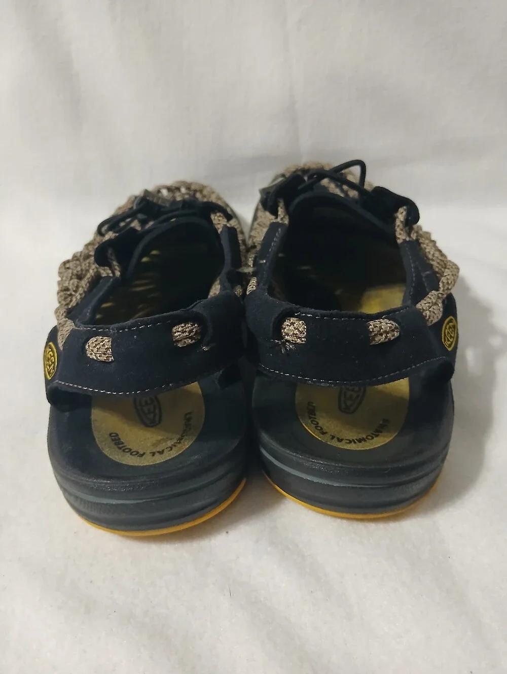 Keen Men's Black and Tan Woven Rope Sandals Size 12.